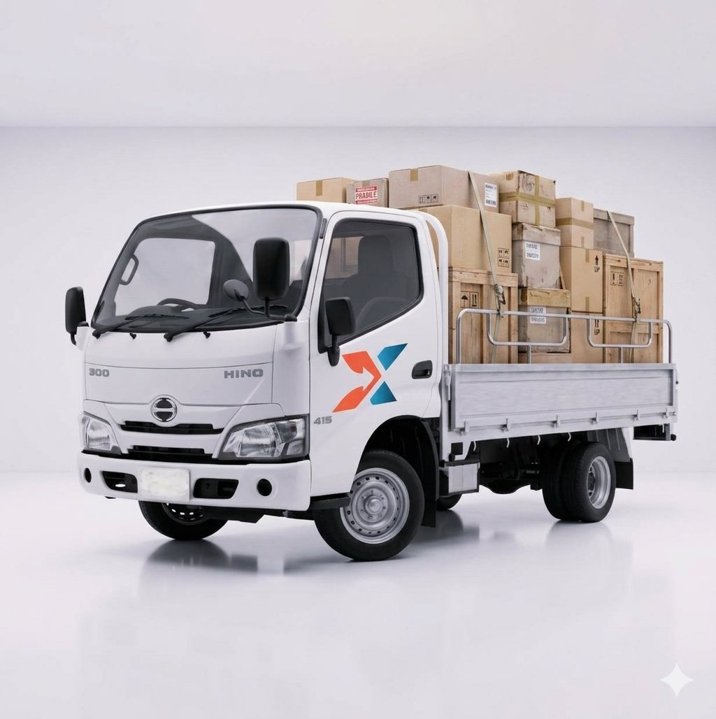 The same truck loaded with crates and boxes